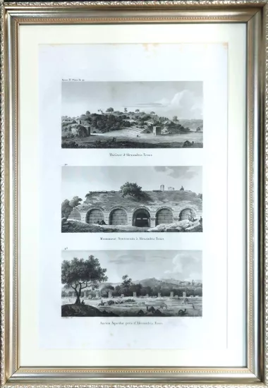 Plan du Port et du Théâtre et Antiquités à Alexandria - Troas. - Vue de deux massifs et d’un Ouvrage réticulaire près d’Alexandria - Troas - Vue du Village de Ieni - Cheher.
