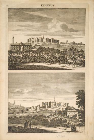 Voyage au Levant, Efes - View of Ephesus with Ayasuluk castle (A) and the Basilica of Saint John (B)., Cornelis de Bruyn